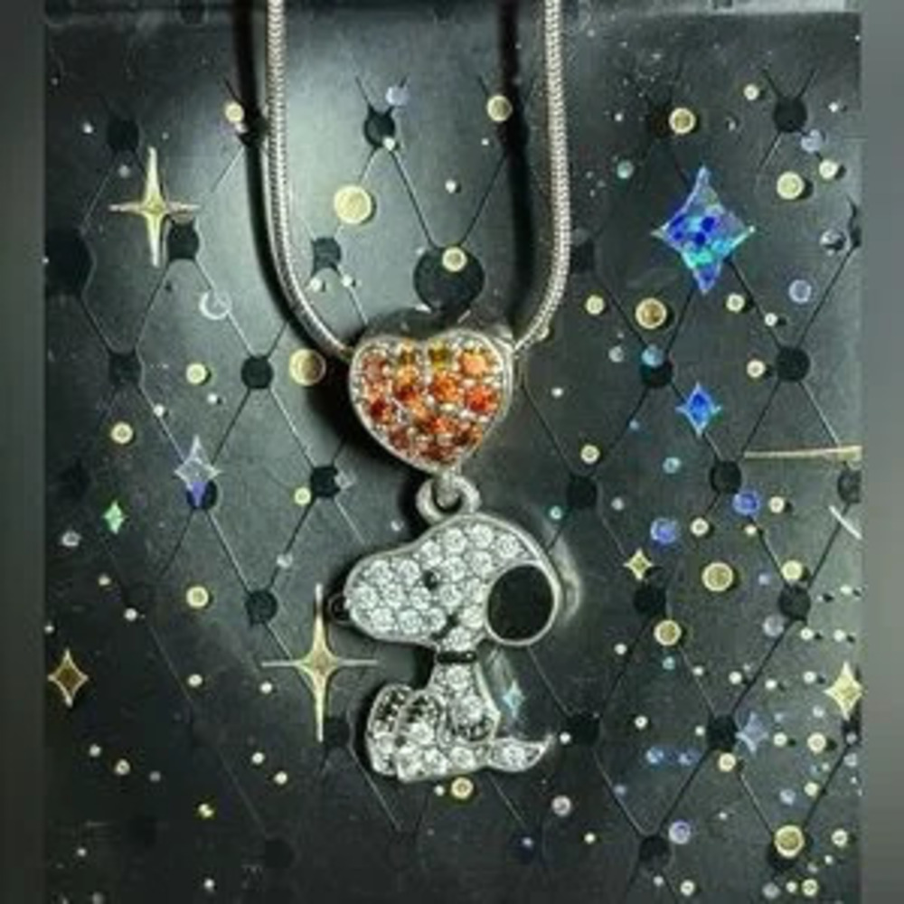 925 Sterling Silver Snoopy Peanuts Pave Diamond Charm Necklace Character